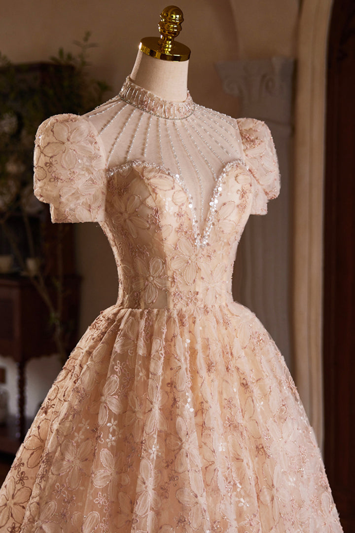 Luolandi Cute Tulle Flower Tea Length Prom Dress Beautiful Short Sleeve A-Line Evening Party Dress Homecoming Dress