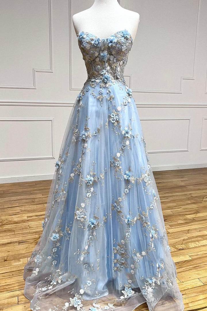 Luolandi Blue Tulle Appliques Long Prom Dresses A-Line Strapless Evening Dresses With Flowers