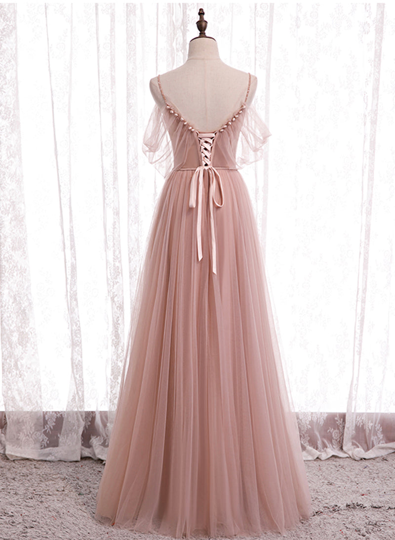 Luolandi Pink Tulle Long Prom Dresses A-Line Evening Party Dresses Elegant Bridesmaid Dresses