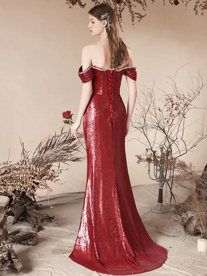 Luolandi Burgundy Sequins Long Prom Dress Mermaid Off the Shoulder Evening Party Dress Sexy