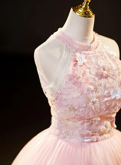 Luolandi Pink Tulle Long Formal Dress with Floral Lace Halter Tulle Sweet 16 Dress Prom Dress
