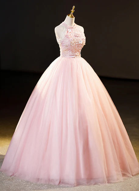 Luolandi Pink Tulle Long Formal Dress with Floral Lace Halter Tulle Sweet 16 Dress Prom Dress