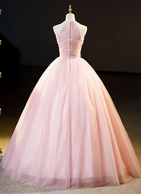 Luolandi Pink Tulle Long Formal Dress with Floral Lace Halter Tulle Sweet 16 Dress Prom Dress