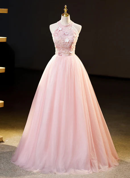 Luolandi Pink Tulle Long Formal Dress with Floral Lace Halter Tulle Sweet 16 Dress Prom Dress