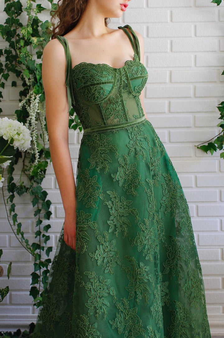 Luolandi Green Spaghetti Lace Long Formal Dress A-Line Green Prom Dress Floor Length