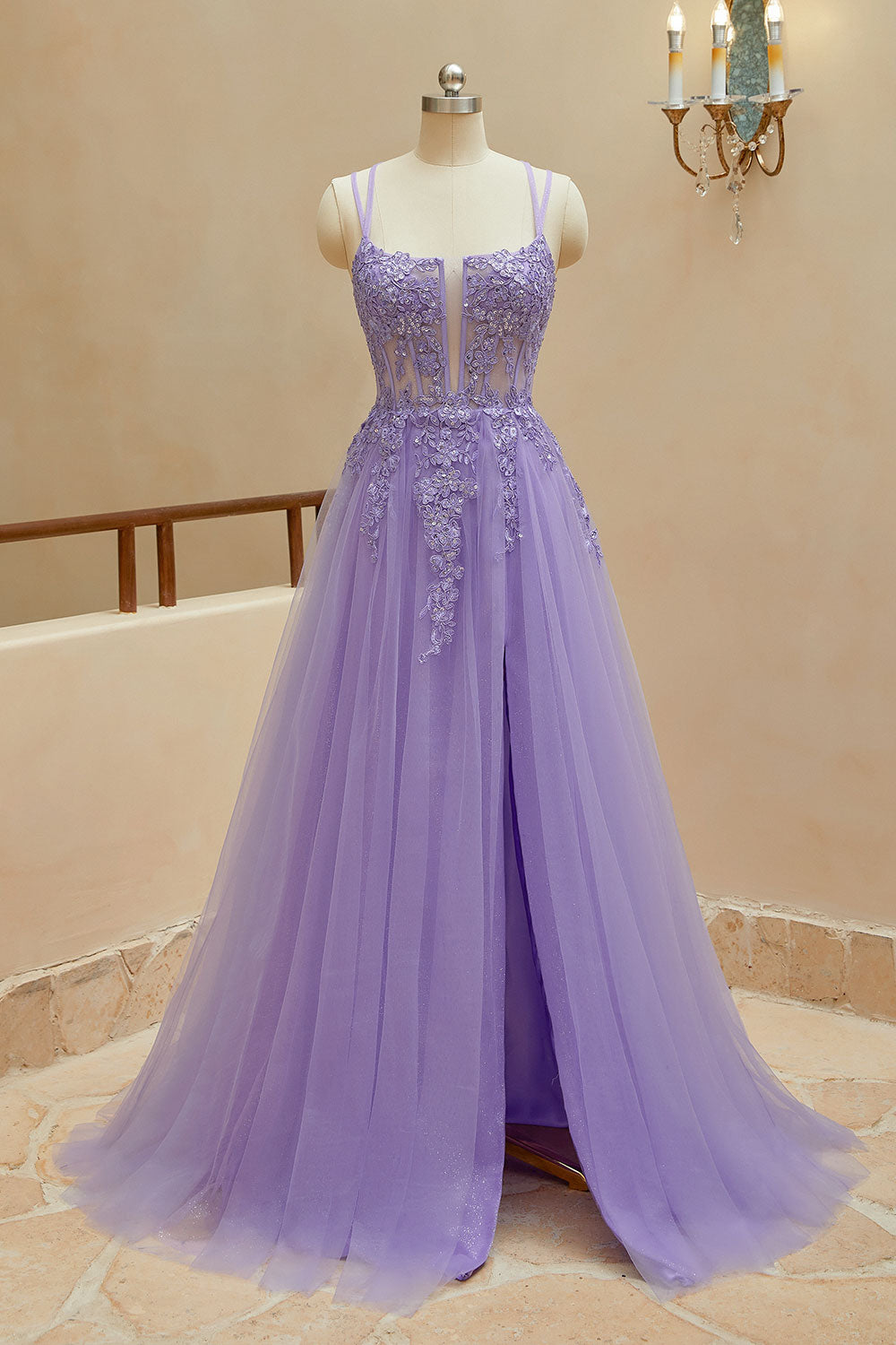Luolandi A Line Spaghetti Straps Tulle Slit Long Prom Dresses With Appliques Beautiful With Slit