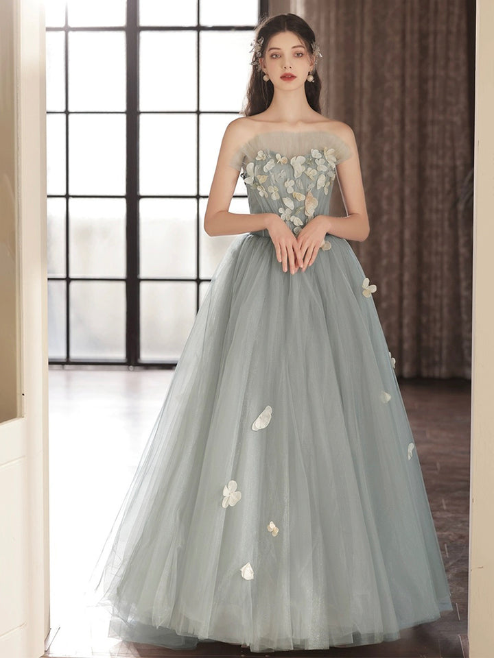Luolandi Gray Tulle Strapless Long Prom Dress Lovely A-Line Sweetheart Neck Party Dress With Flowers