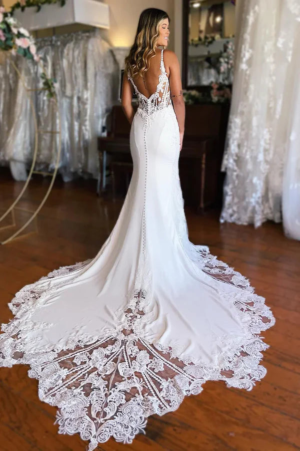 Luolandi Boho Mermaid Spaghetti Straps Lace Long Wedding Dress Beautiful