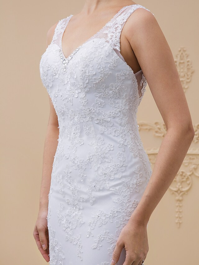 Luolandi Wedding Dresses V Neck Chapel Train Tulle All Over Lace Lace Over Tulle Regular Straps Sexy Illusion Detail Backless with Beading