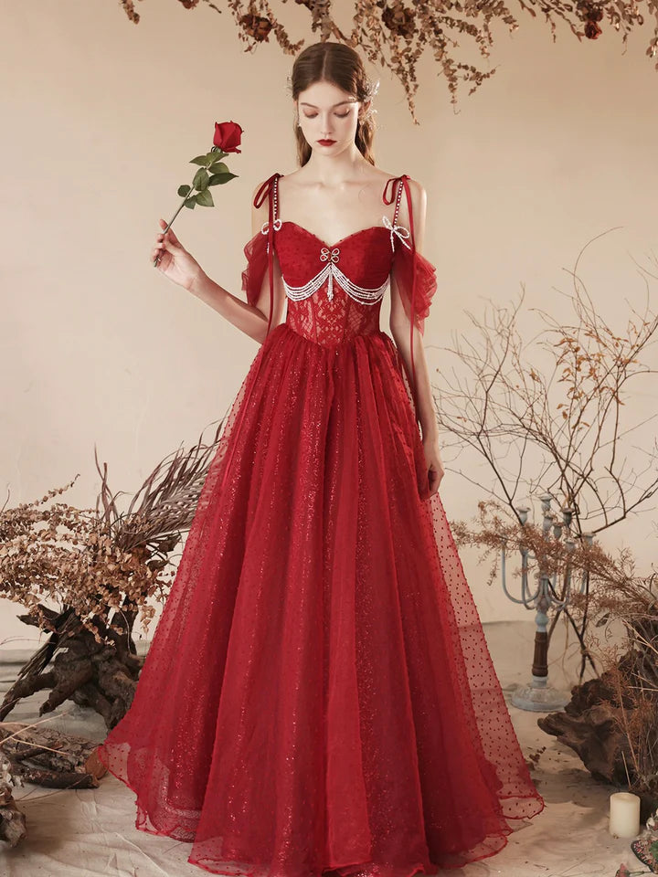 Luolandi Dark Red Tulle Beaded Long Prom Dress Beautiful Off the Shoulder Evening Party Dress Sexy