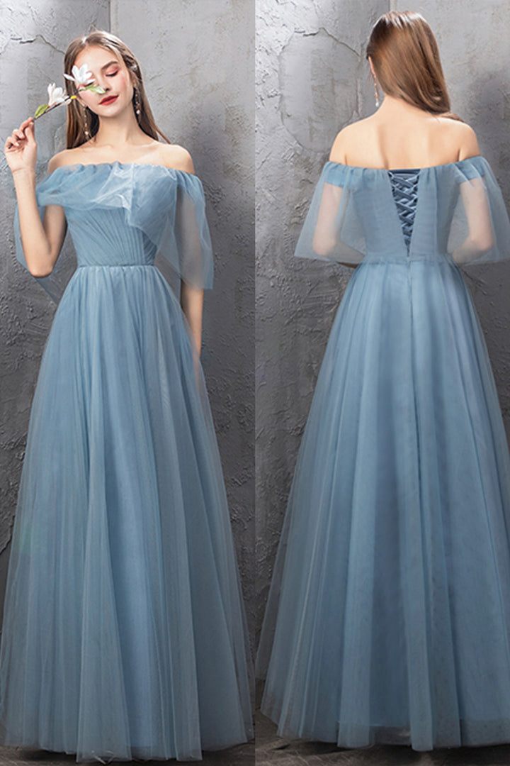 Luolandi Blue Tulle Long Prom Dresses A-Line Simple Evening Dresses Floor Length