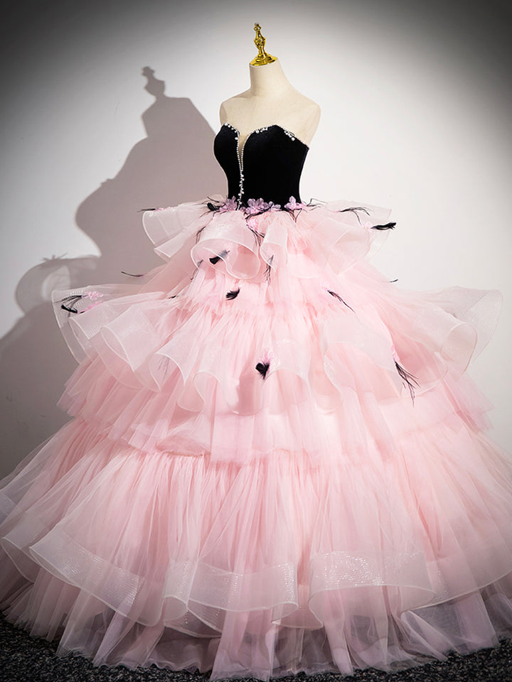 Luolandi Tulle and Black Velvet Strapless Party Gown Pink Backless Ruffles Formal Evening Dress