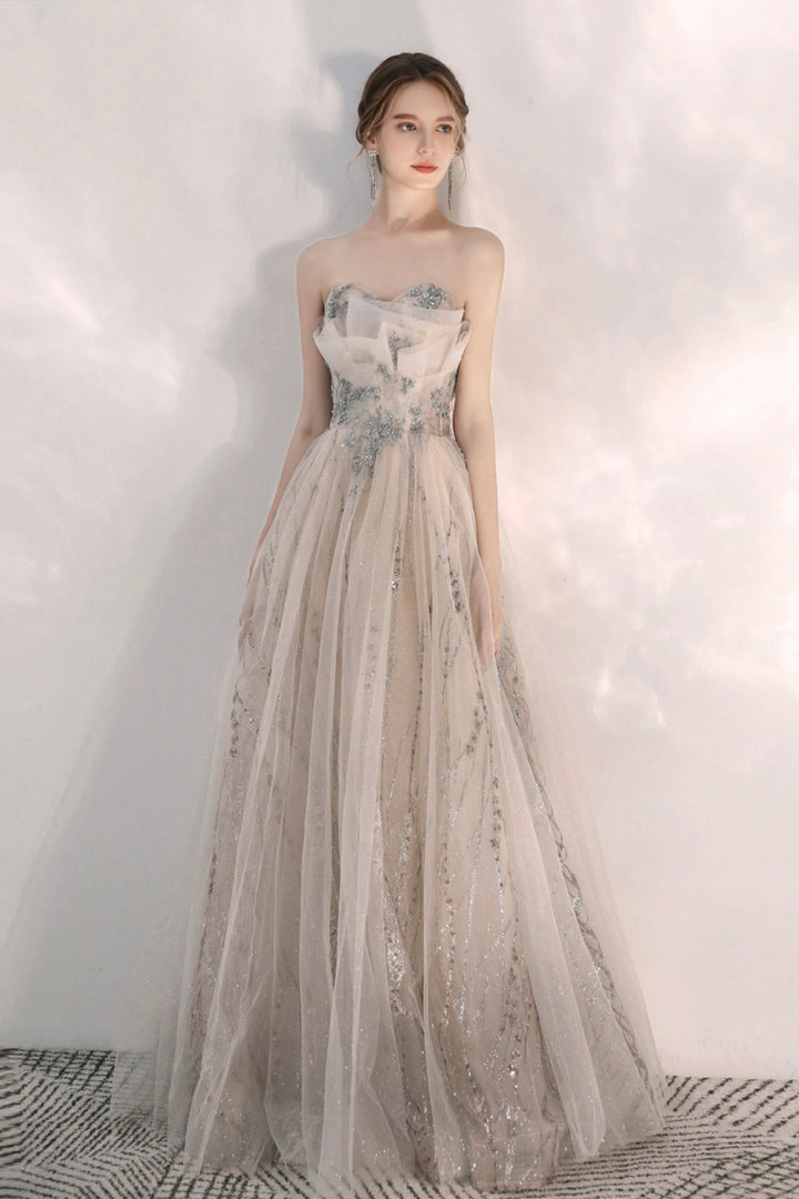 Luolandi Champagne Tulle Sequins Long Prom Dresses A-Line Evening Dresses Off Shoulder