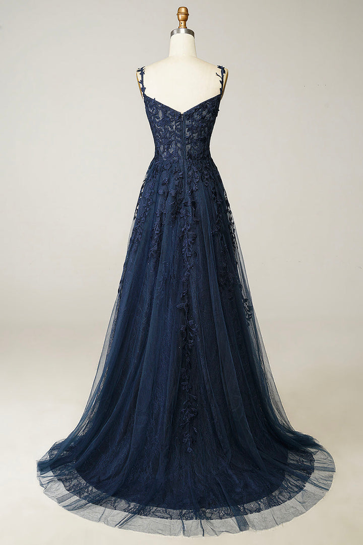 Luolandi Navy Tulle and Lace Long Prom Dress Lovely Spaghetti Strap Evening Dress Sexy