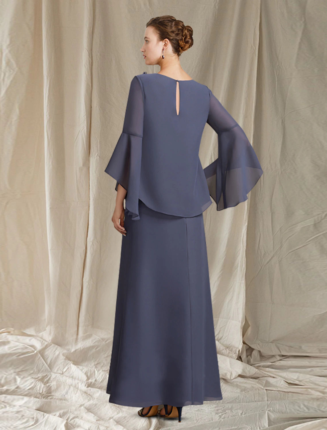 Luolandi A-Line Mother of the Bride Dress Plus Size Elegant Jewel Neck Ankle Length Chiffon Long Sleeve