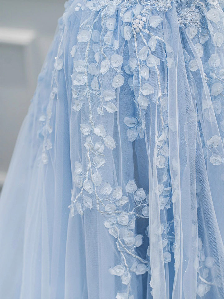 Luolandi Blue Sweetheart Neck Lace Floor Length Prom Dress Lovely Evening Dress