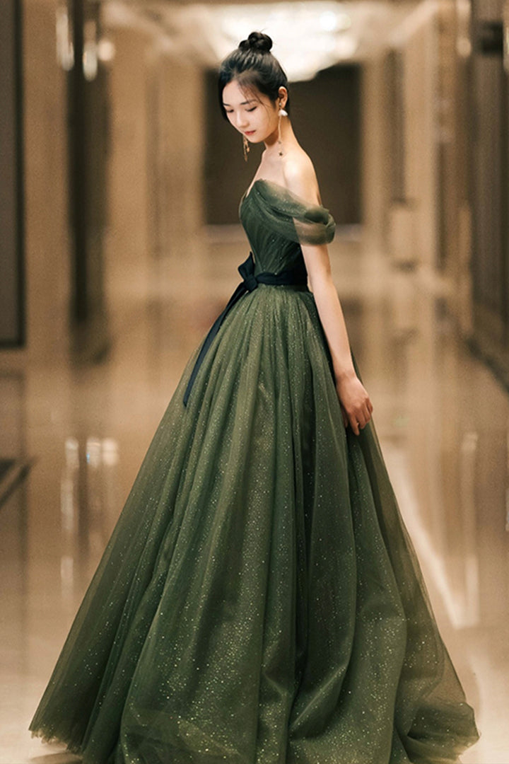 Luolandi Beautiful Green Tulle Long Prom Dress A-Line Off the Shoulder Graduation Dress Sexy Party Dress