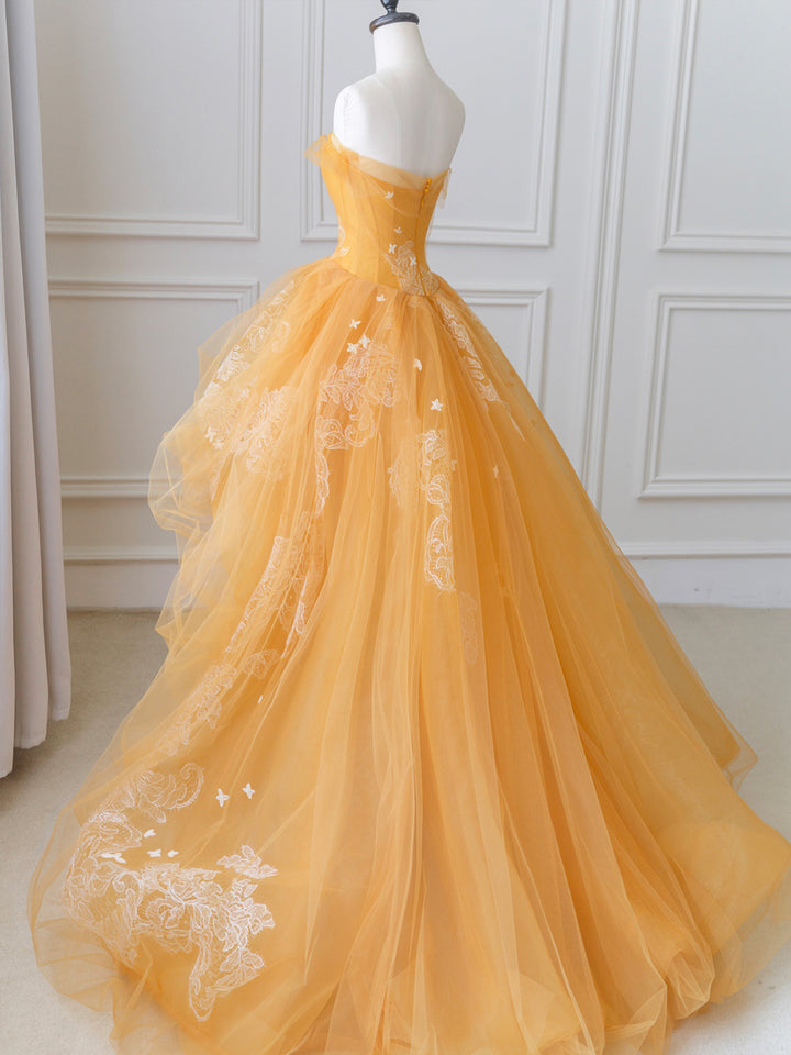 Luolandi Orange Tulle Lace Long High Low Prom Dress A-Line Strapless Evening Dress Off Shoulder
