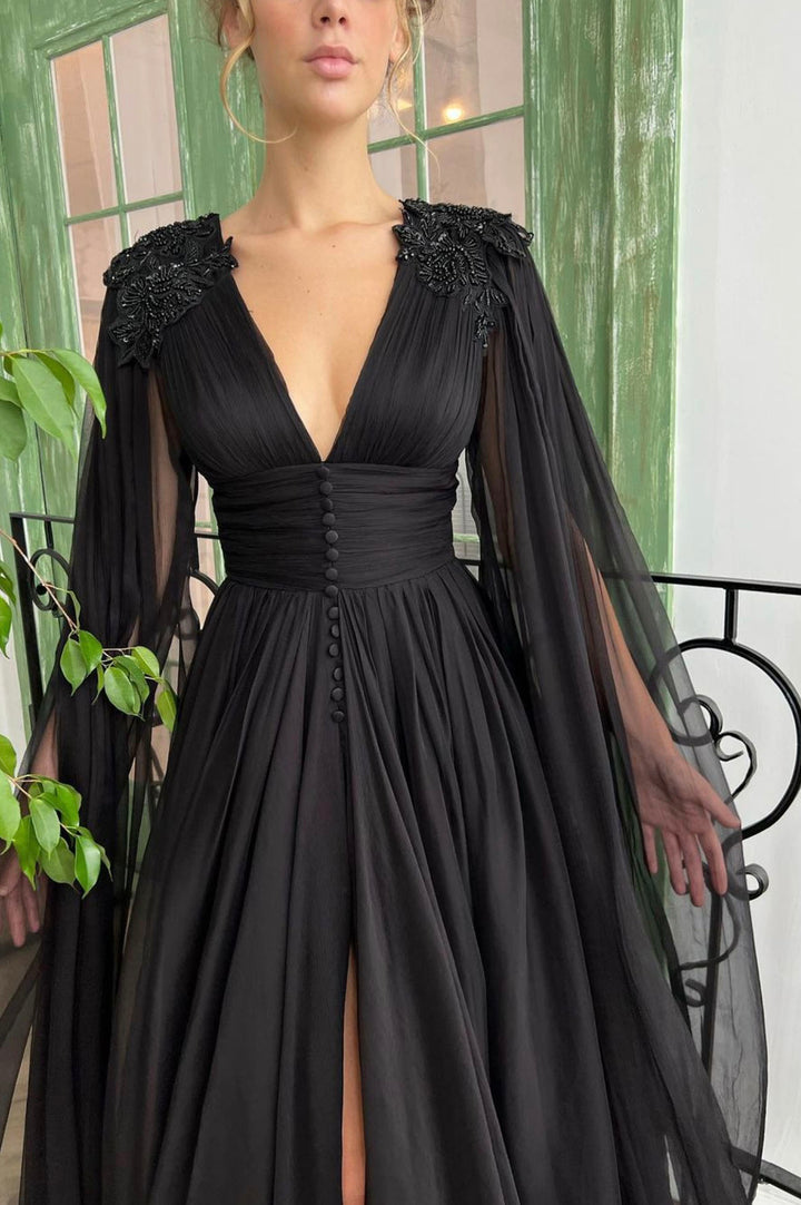 Luolandi Black V-Neck Chiffon Long Prom Dress A-Line Evening Dress with Slit Sexy