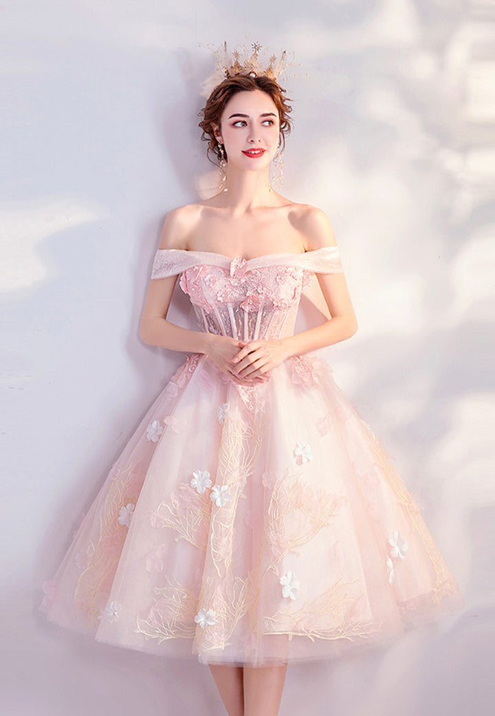 Luolandi Sweet A Line Lace Short Prom Dresses Off the Shoulder Birthday Party Dress Pretty Homecoming Dress With Flowers