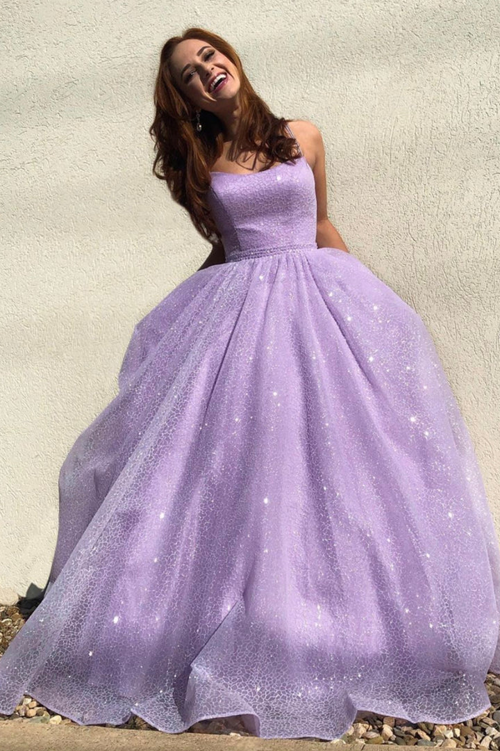 Luolandi Purple Tulle Long Prom Dresses A-Line Purple Evening Dresses Sparkly
