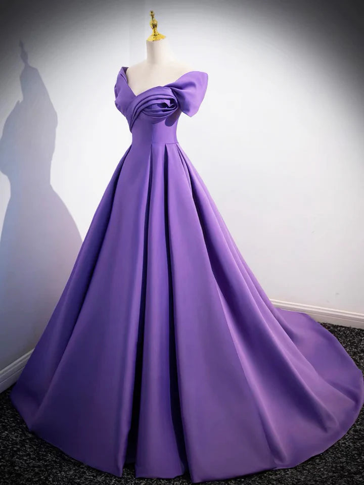 Luolandi Purple Satin Long A-Line Prom Dress Lovely Off Shoulder Formal Evening Dress V-neck