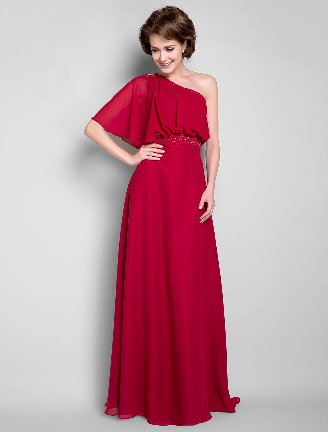 Luolandi Sheath / Column Mother of the Bride Dress Elegant One Shoulder Floor Length Chiffon Half Sleeve with Beading