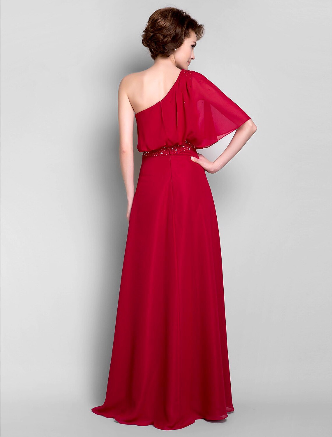 Luolandi Sheath / Column Mother of the Bride Dress Elegant One Shoulder Floor Length Chiffon Half Sleeve with Beading