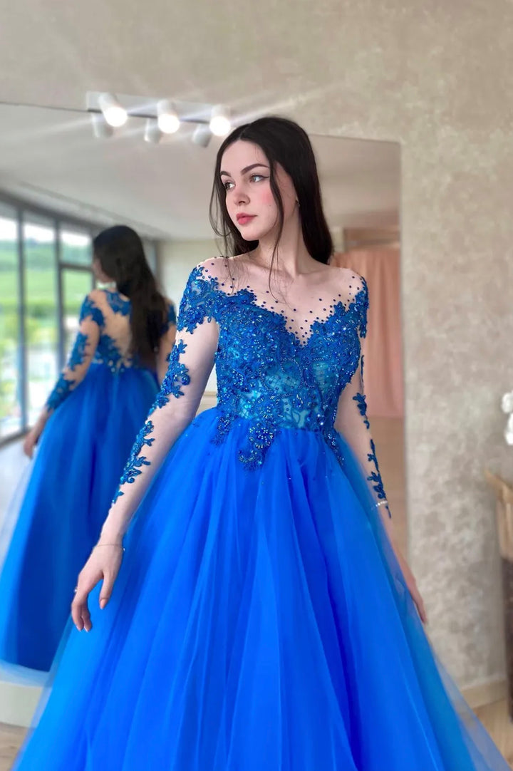 Luolandi Blue Lace Long Sleeve Evening Dress A-Line Scoop Neckline Prom Dress