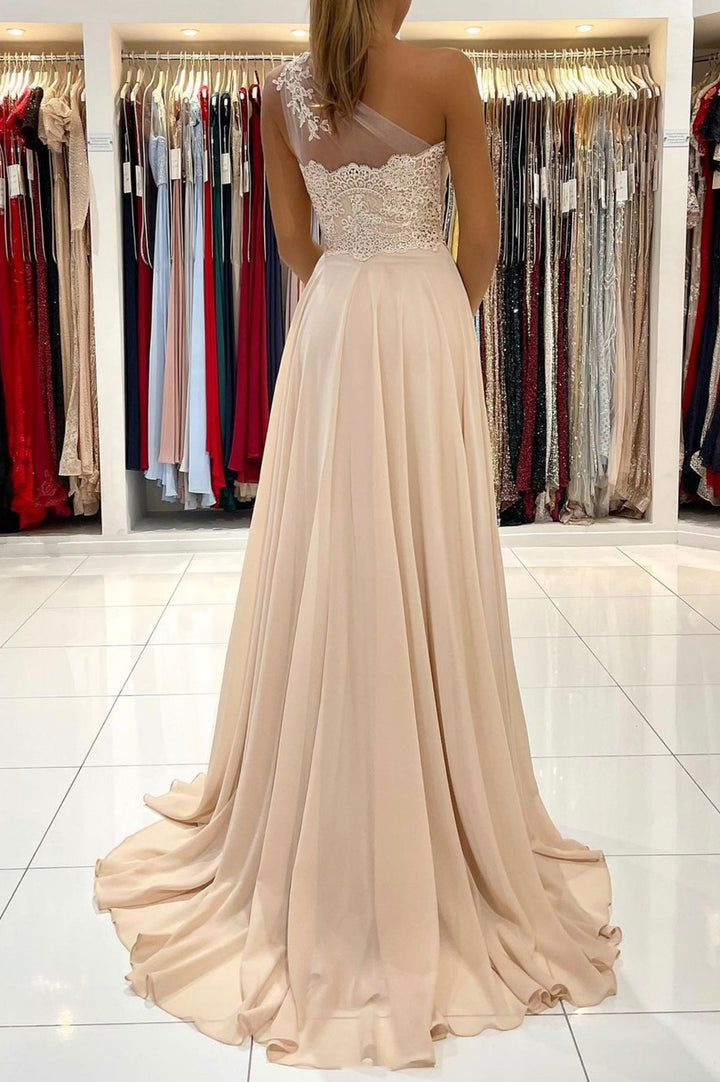 Luolandi Champagne Chiffon Long Prom Dresses One Shoulder Evening Dresses Sexy