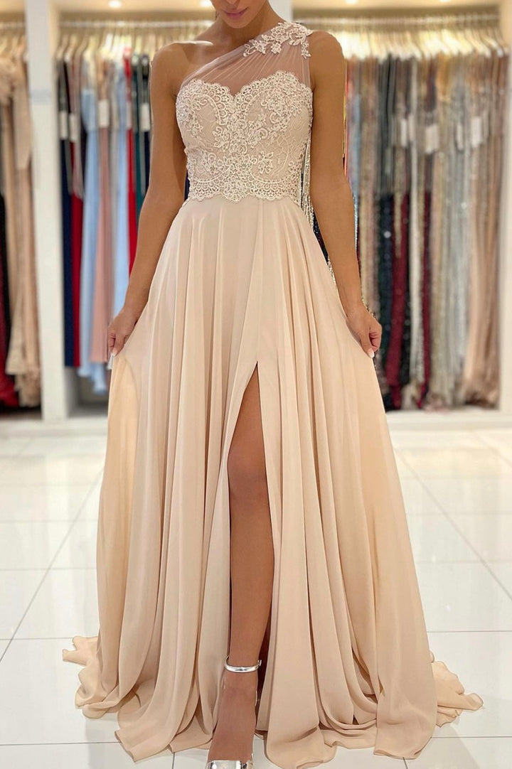Luolandi Champagne Chiffon Long Prom Dresses One Shoulder Evening Dresses Sexy