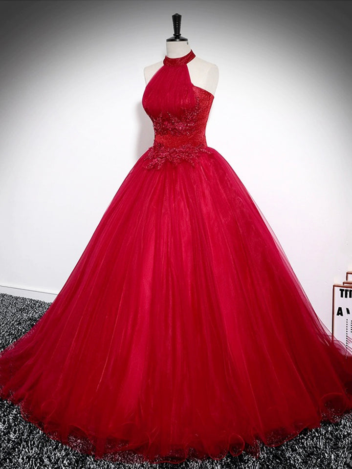 Luolandi Red A-Line Halter Long Prom Dress Backless Evening Formal Dress Floor Length