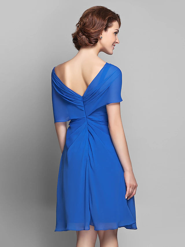 Luolandi A-Line Mother of the Bride Dress Elegant V Neck Knee Length Chiffon Short Sleeve with Criss Cross Beading