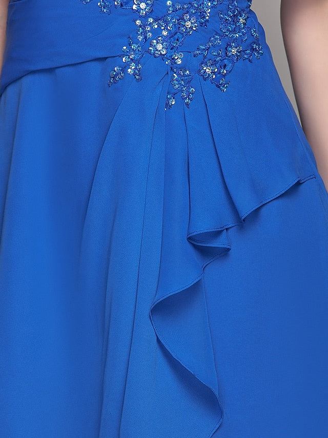 Luolandi A-Line Mother of the Bride Dress Elegant V Neck Knee Length Chiffon Short Sleeve with Criss Cross Beading