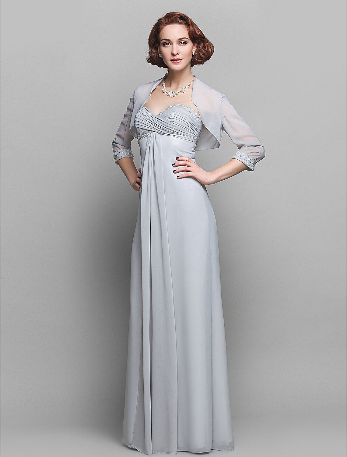 Luolandi Sheath / Column Mother of the Bride Dress Wrap Included Sweetheart Floor Length Chiffon 3/4 Length Sleeve