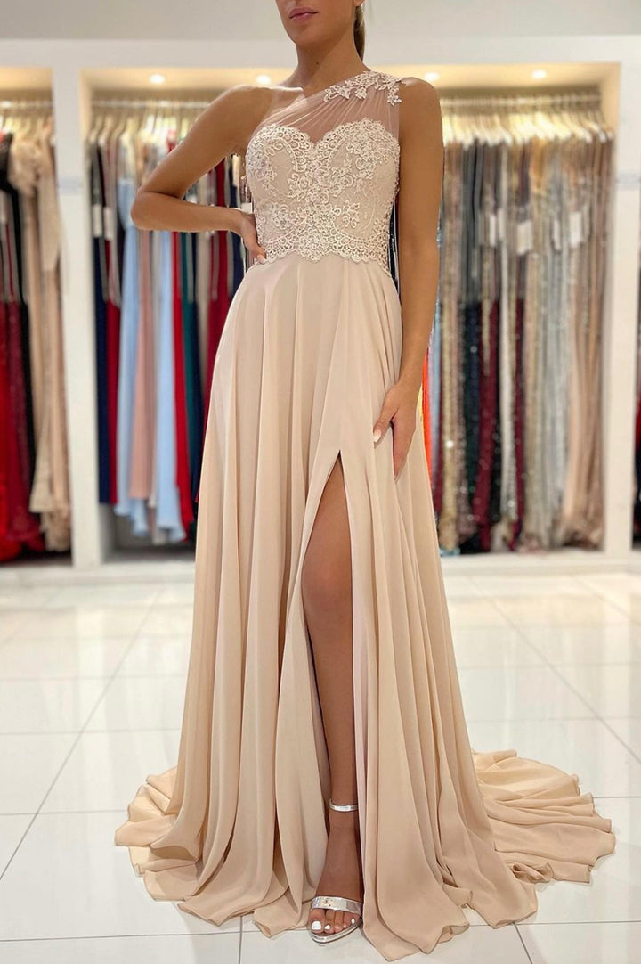 Luolandi Champagne Chiffon Long Prom Dresses One Shoulder Evening Dresses Sexy