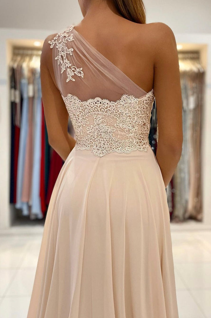 Luolandi Champagne Chiffon Long Prom Dresses One Shoulder Evening Dresses Sexy