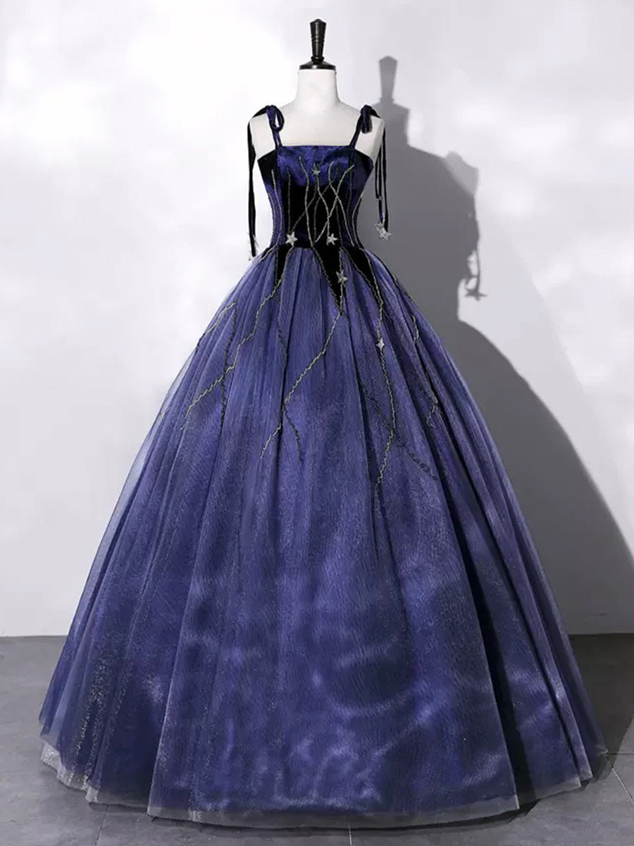 Luolandi Blue Velvet Tulle Long Prom Dress A-Line Evening Party Dress Sexy