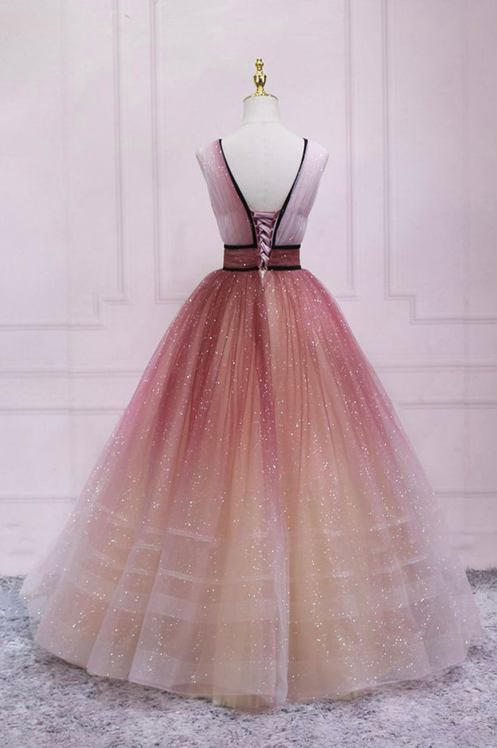 Luolandi Cute Ombre Tulle V-Neck Long Party Dress A-line Prom Dress Sparkly