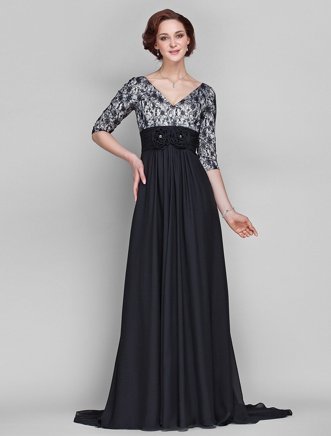Luolandi A-Line Mother of the Bride Dress Vintage Inspired V Neck Sweep / Brush Train Chiffon Lace Half Sleeve with Lace