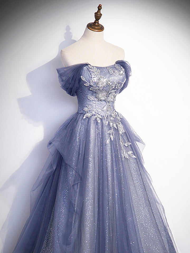 Luolandi Charming Tulle Sequins A-Line Prom Dresses Off the Shoulder Floor-Length Formal Dresses Sexy