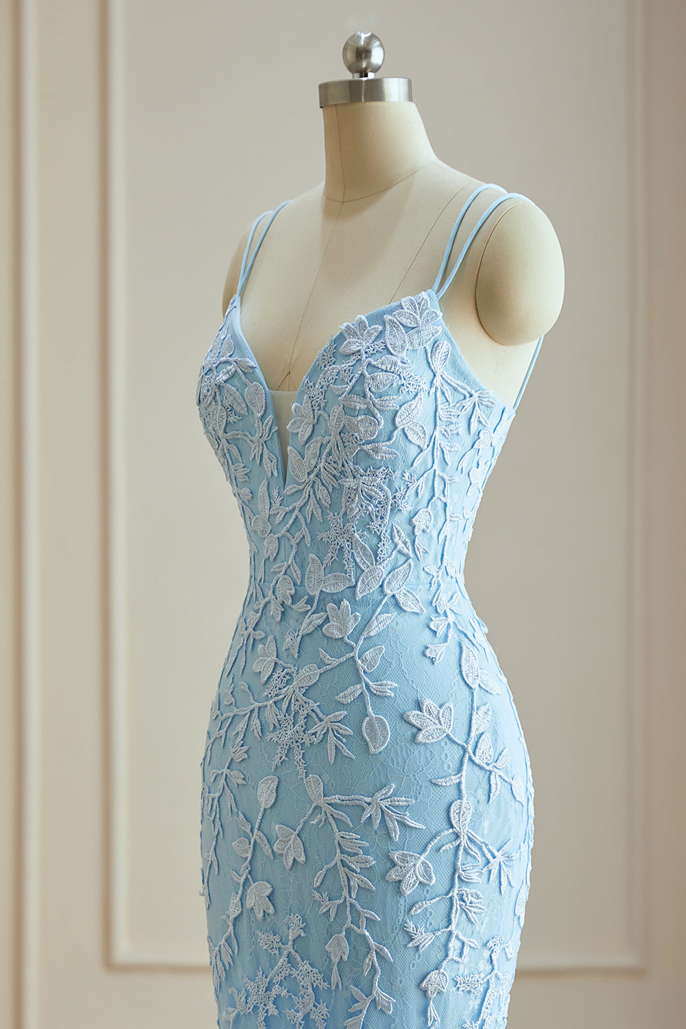 Luolandi Mermaid Spaghetti Straps Lace Appliques Prom Dresses Long Formal Dress V-neck