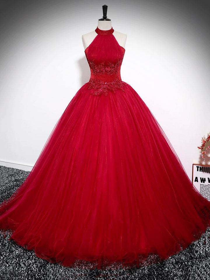 Luolandi Red A-Line Halter Long Prom Dress Backless Evening Formal Dress Floor Length