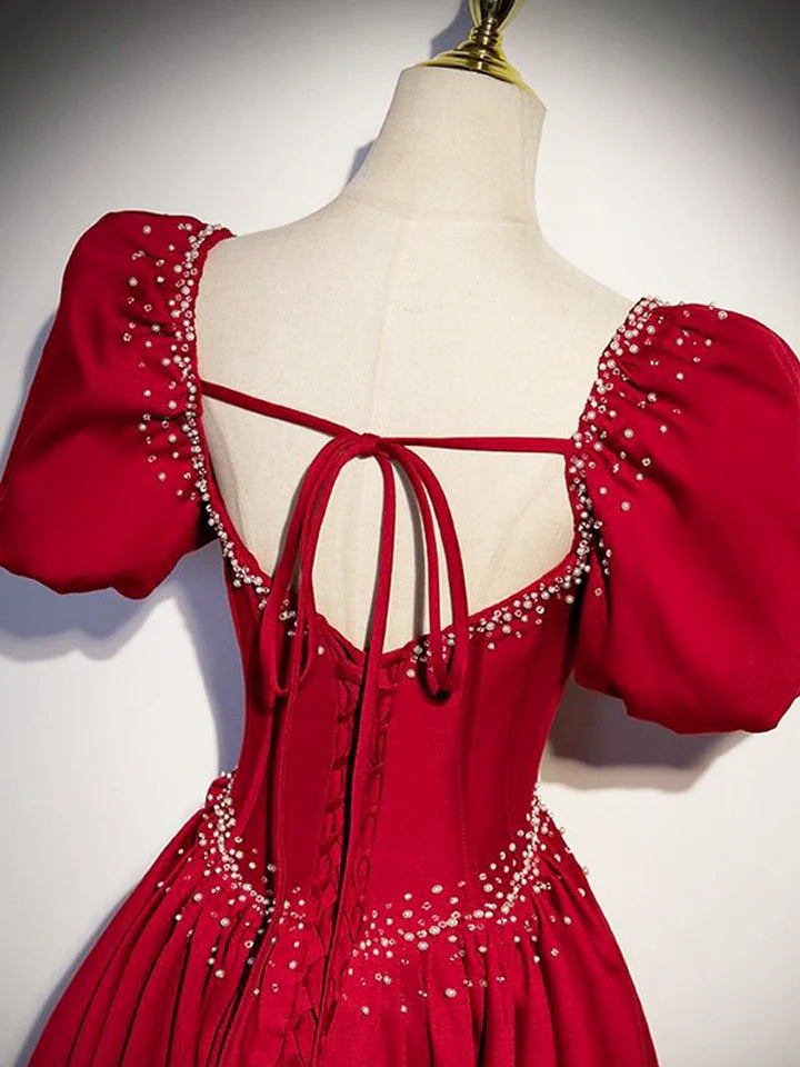 Luolandi Elegant Burgundy Floor Length Prom Dress A-Line Beading Puffy Short Sleeve Backless Evening Dress Beautiful