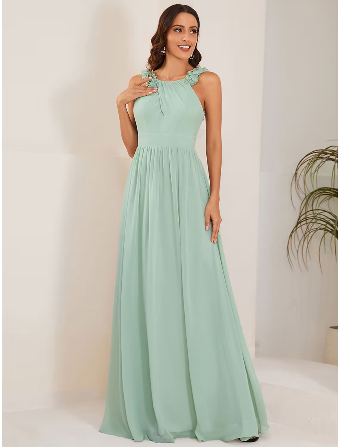 Luolandi A-Line Wedding Guest Dresses Elegant Dress Formal Floor Length Sleeveless Jewel Neck Chiffon with Pleats Flower
