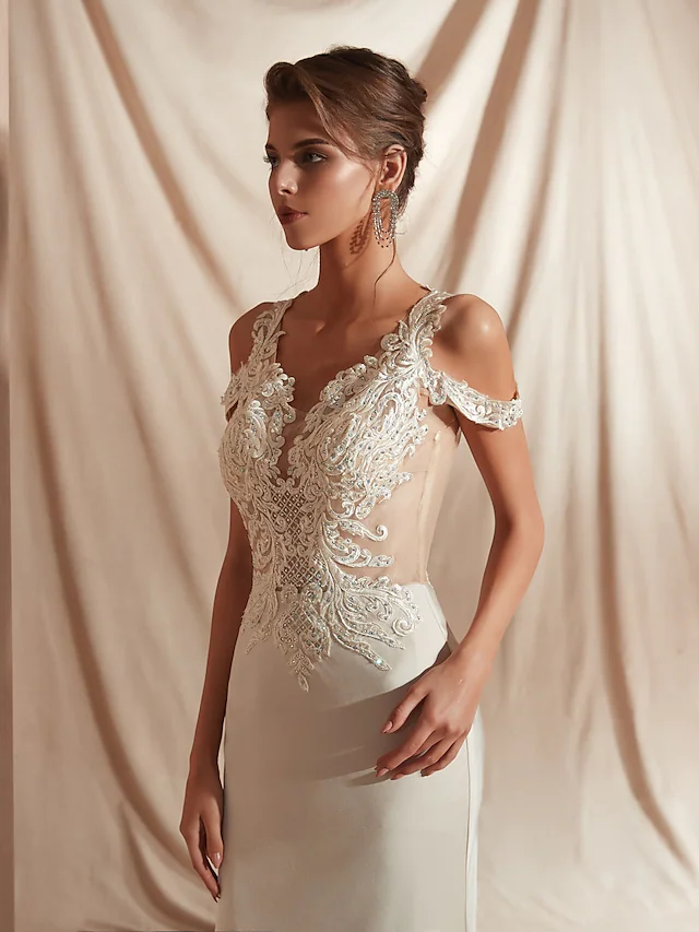 Luolandi Mermaid Trumpet Wedding Dresses V Neck Asymmetrical Matte Satin Short Sleeve Casual Sexy Illusion Detail Modern