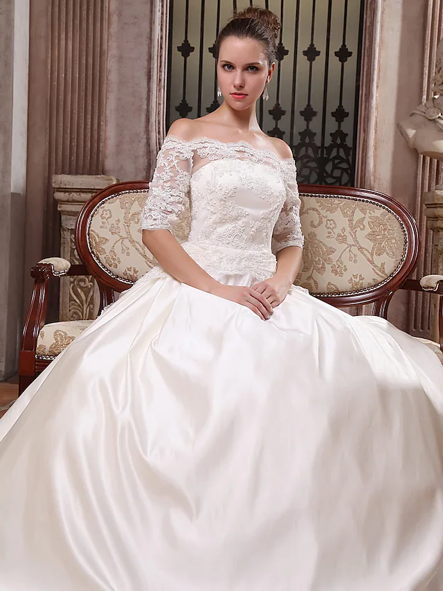 Luolandi Ball Gown Wedding Dresses Scalloped-Edge Off Shoulder Court Train Satin Half