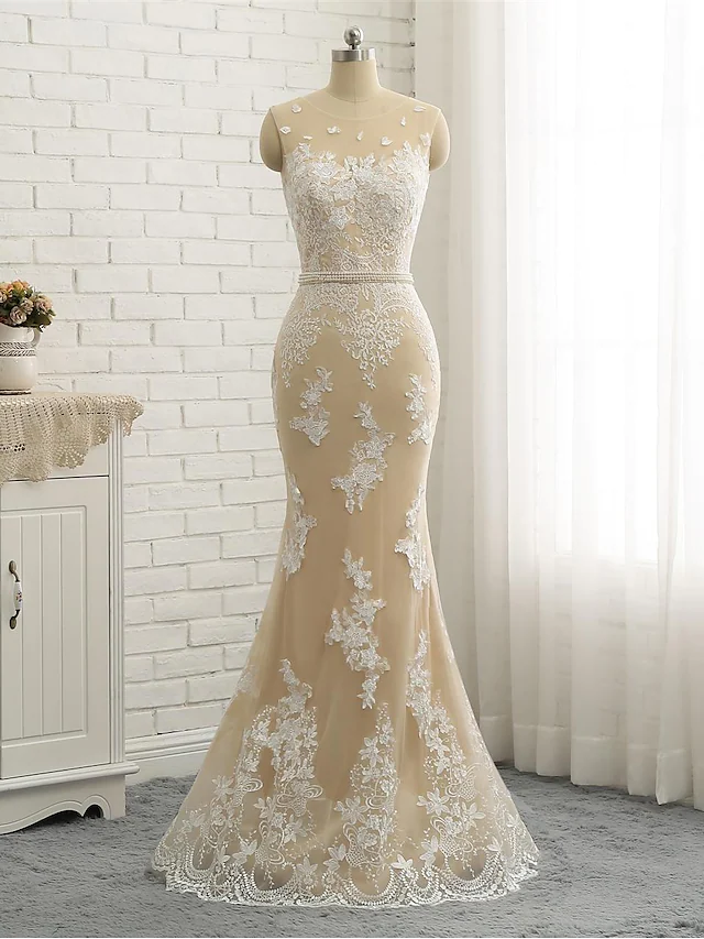 Luolandi Wedding Dresses Jewel Neck Chapel Train Lace Tulle Lace Over Satin Regular Straps Formal See-Through with Sashes Ribbons Pearls