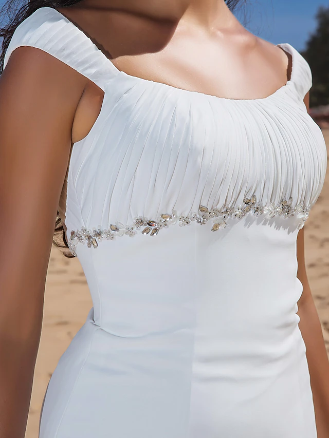 Luolandi Wedding Dresses Scoop Neck Chiffon Cap Sleeve Beach Plus Size with Beading Draping