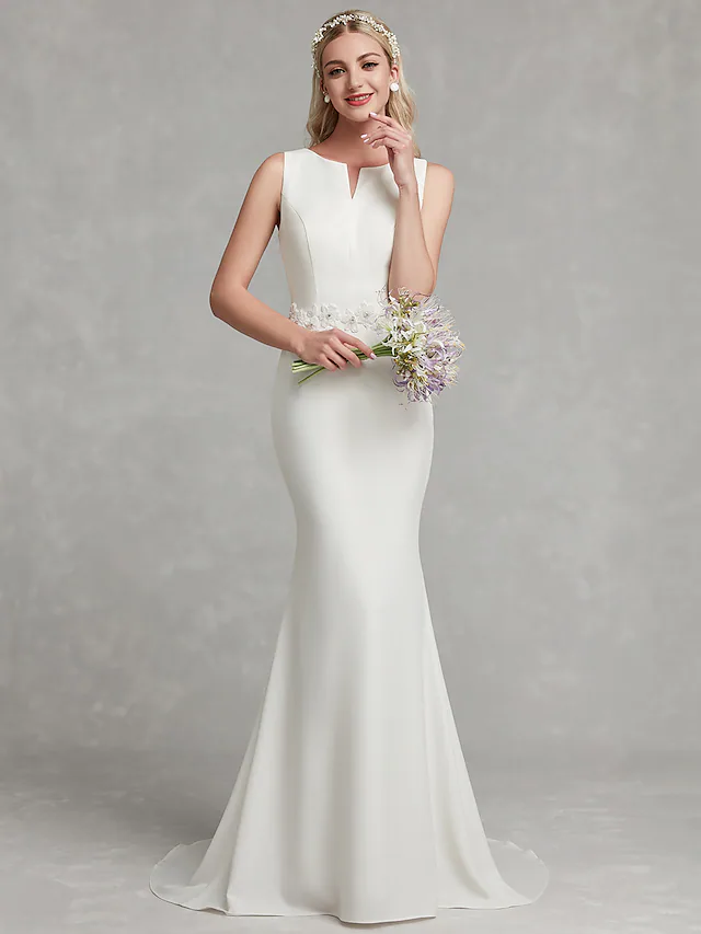 Luolandi Wedding Dresses V Neck Satin Regular Straps Simple Plus Size with Appliques Long
